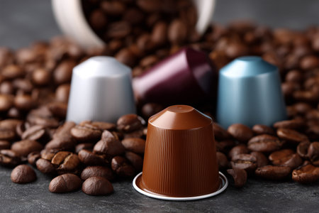 Colorful coffee capsules scattered on roasted coffee beansの素材