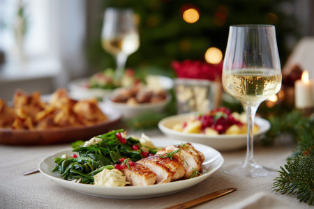 Holiday dinner featuring grilled fish and fresh vegetablesの素材