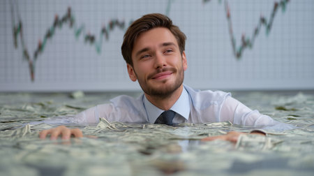 Man enjoying a pool of money in a financial office settingの素材