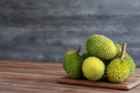 Fresh durians displayed on a wooden board in a minimal kitchenの素材