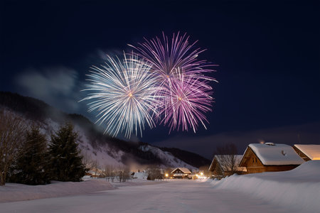 Colorful fireworks illuminate a snowy village at nightの素材