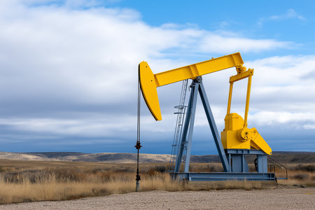 Oil pump jack operates in open landscape during daytime hoursの素材