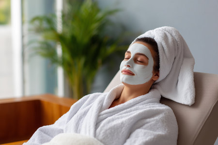 Woman relaxing at a spa with a facial mask and bathrobeの素材