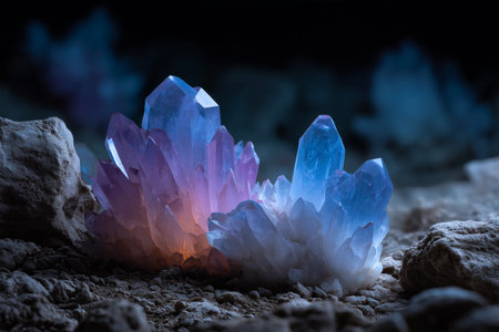 Beautiful crystal formations glowing in the dark caveの素材