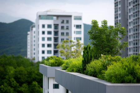 Green plants adorn modern buildings in urban landscapeの素材