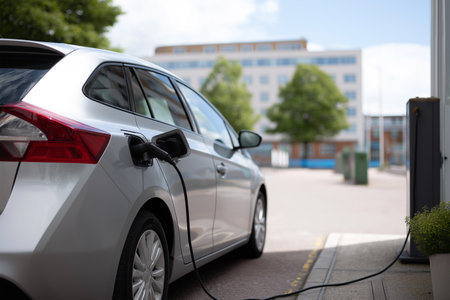 Electric vehicle charging station in an urban settingの素材