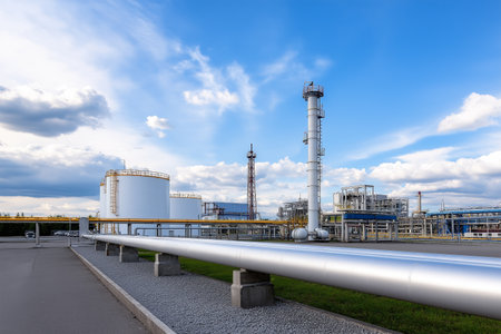 Industrial facility with storage tanks and pipes under blue skyの素材