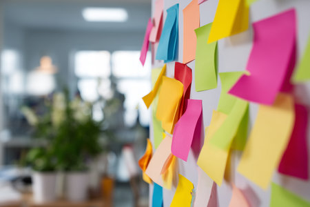 Colorful sticky notes on a wall in a bright office settingの素材