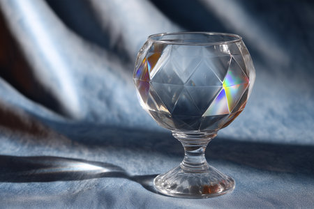 Stunning crystal glass reflecting light on a blue fabric surfaceの素材