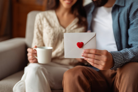 Couple shares a sweet moment with a love letter at homeの素材