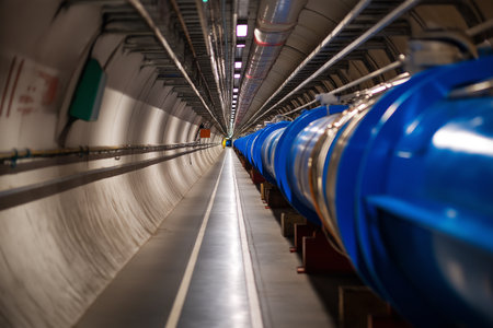 Large underground tunnel with blue pipes for scientific researchの素材
