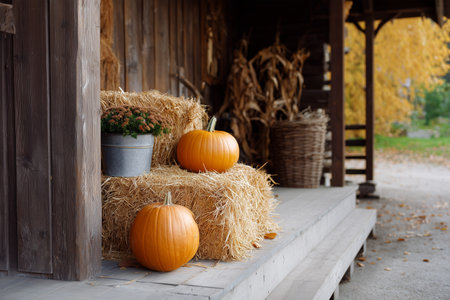 Cozy fall scene with pumpkins and hay bales on a porchの素材