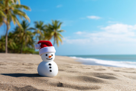 Snowman wearing a Santa hat on a tropical beachの素材