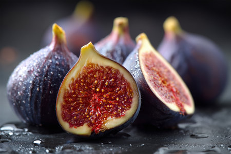 Fresh ripe figs arranged on a dark surface with water dropletsの素材
