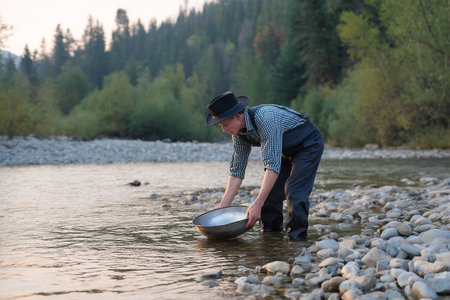Man panning for gold in a river surrounded by trees at sunsetの素材