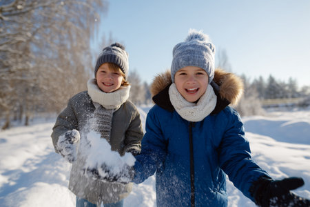 Kids playing in the snow on a sunny winter dayの素材