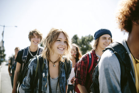 Group of teens enjoying a sunny day while walking togetherの素材