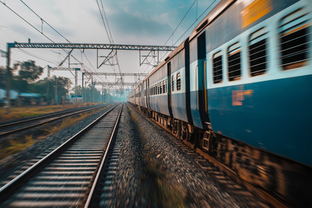 Train moving rapidly along the tracks in a rural areaの素材