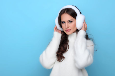 Stylish woman wearing white earmuffs against a blue backgroundの素材