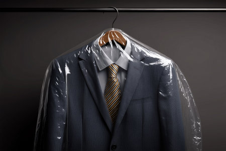 Tailored suit hanging in dry cleaning plastic at a shopの素材