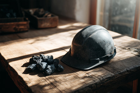 Safety helmet and coal pieces on a rustic wooden tableの素材