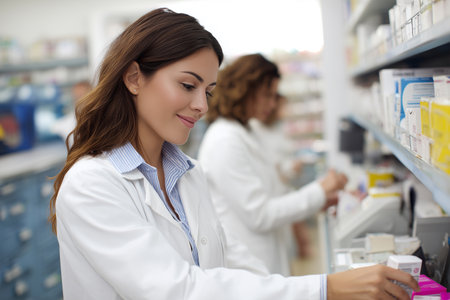 Female pharmacist assisting customers at a busy pharmacyの素材