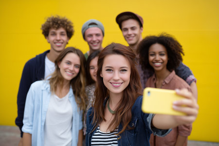 Friends enjoying a sunny day while taking a selfie togetherの素材