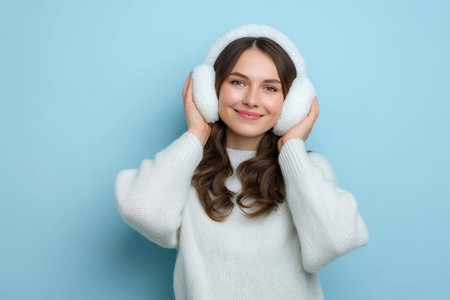 Smiling woman in winter clothing poses with ear muffs indoorsの素材