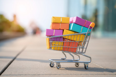 Colorful gifts in a shopping cart on a city street during daylightの素材