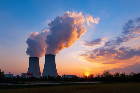 Cooling towers release steam against a colorful sunset in the eveningの素材