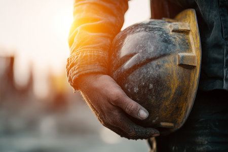 Construction worker holds hard hat during sunset at work siteの素材