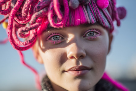 Colorful hairstyle displayed on a young person against a clear skyの素材