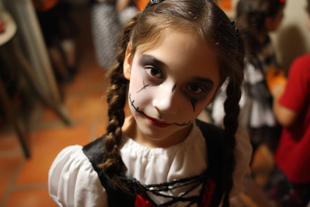 Young girl in spooky costume with face paint at Halloween partyの素材