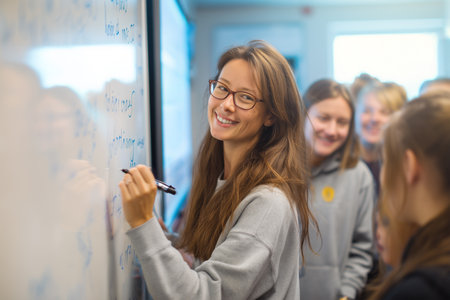Engaging teacher encourages students in a classroom settingの素材