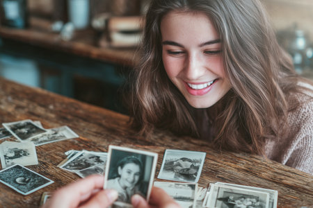Young woman smiles while looking at old photos at a wooden tableの素材