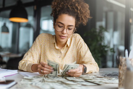 Counting cash at a modern office on a busy workdayの素材