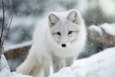 Arctic fox exploring a snowy landscape in winter seasonの素材