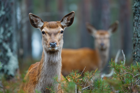 Deer in a forest during a calm morning in autumn seasonの素材