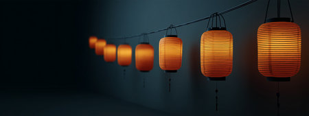 Beautiful glowing lanterns hanging against a dark backgroundの素材