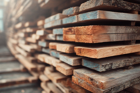 Wooden planks stacked neatly in a warehouse during daylightの素材