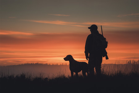 Silhouette of a hunter and dog against a colorful sunsetの素材