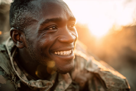 Soldier smiles during sunset in military training sessionの素材