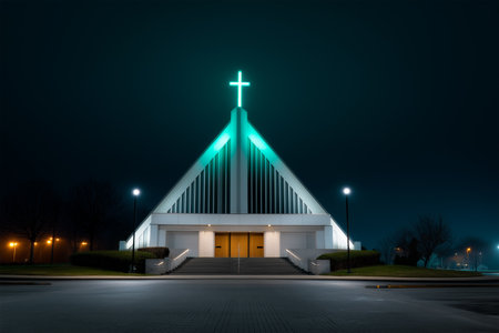 Nighttime view of modern church with glowing crossの素材