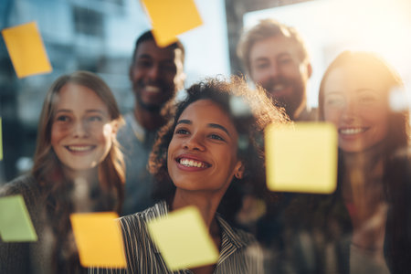 Team brainstorming session with sticky notes in bright officeの素材