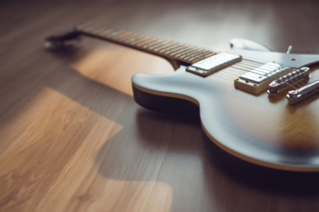 Guitar resting on wooden floor during late afternoon lightの素材