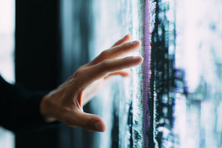 Touching a digital screen displaying vibrant visuals in a modern spaceの素材