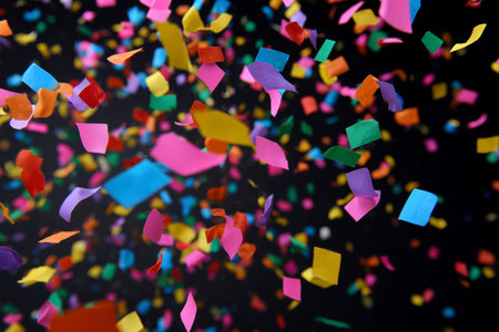 Colorful confetti falling against a dark background during celebrationの素材