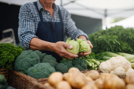 Produce vendor showcasing fresh vegetables at a local marketの素材