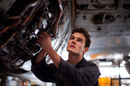 Young mechanic performing maintenance on aircraft engine in hangarの素材