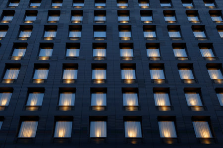 Modern building facade with illuminated windows at nightの素材